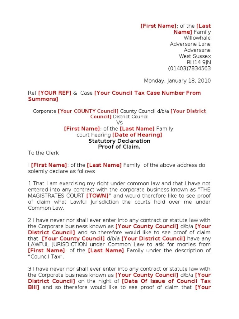 Statutory Declaration to Court Common Law Statute