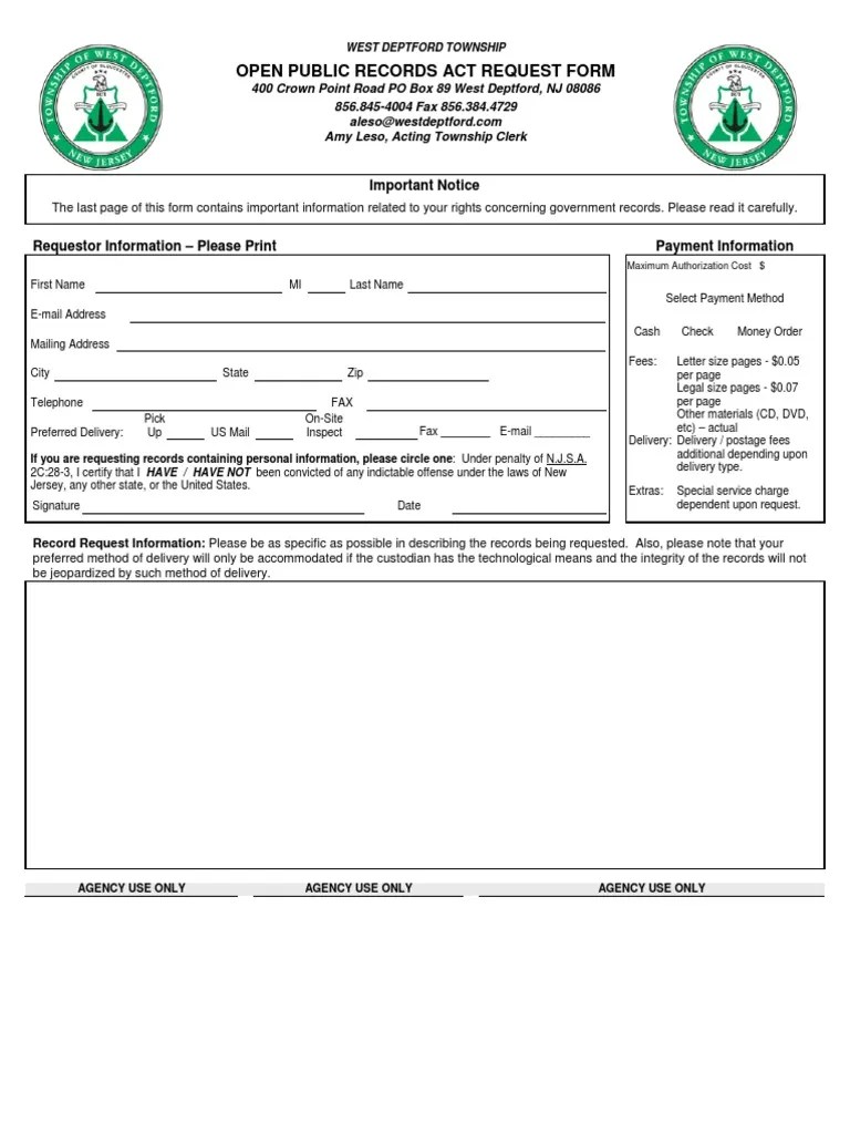 West Deptford OPRA Request Form PDF Computer Security Security