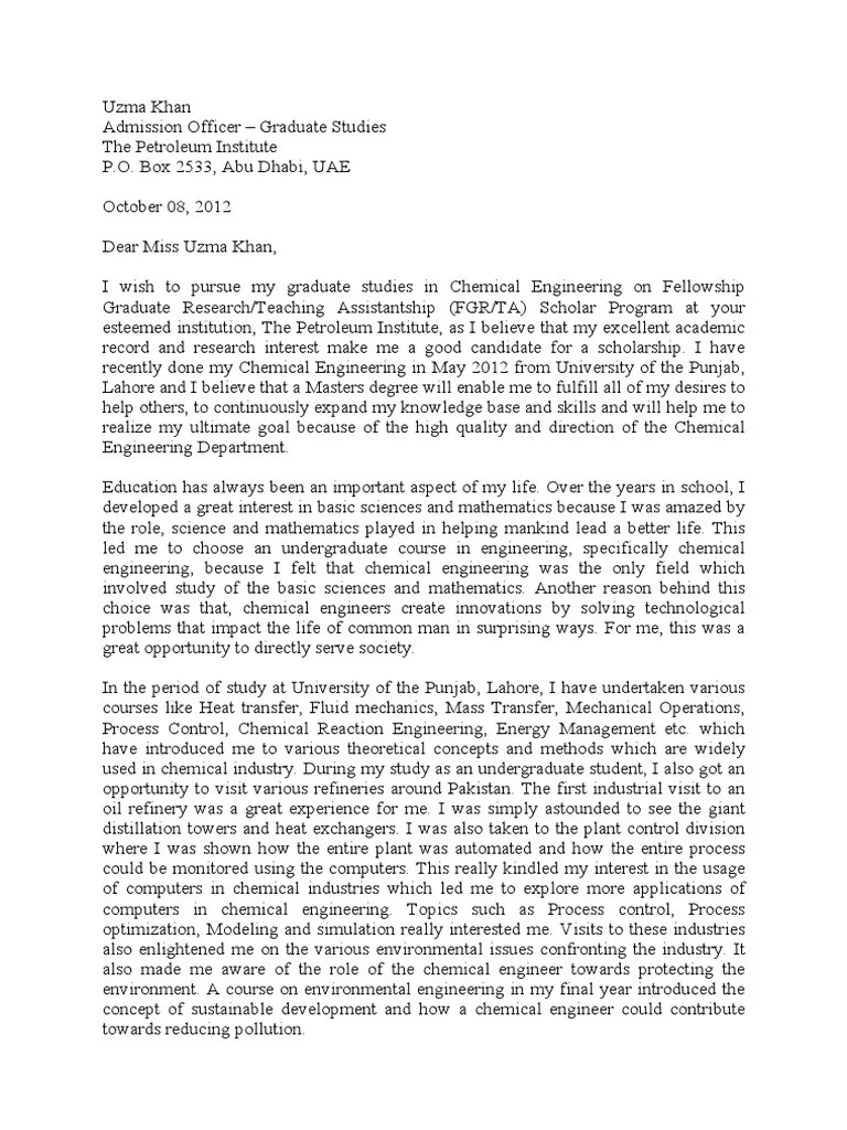 Cover Letter Chemical Engineering Graduate School