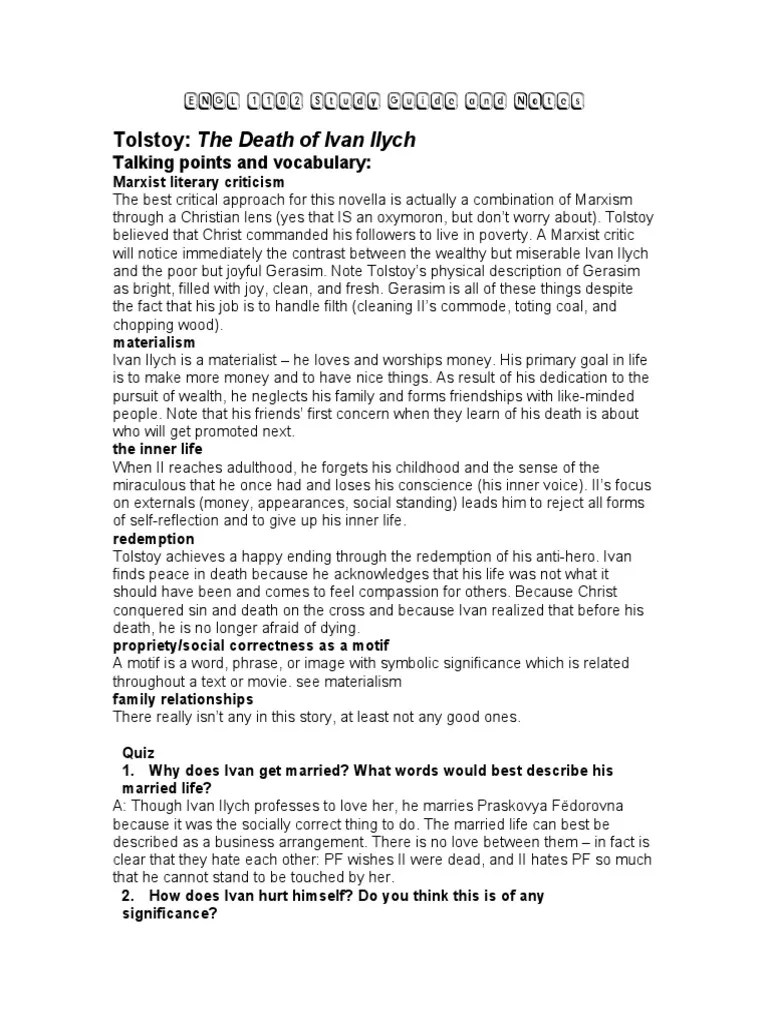 ENGL 1102 Study Guide and Notes Tolstoy The Death of Ivan Ilych