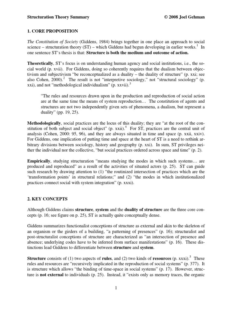 Giddens 1984 Structuration Theory Summary PDF Philosophical