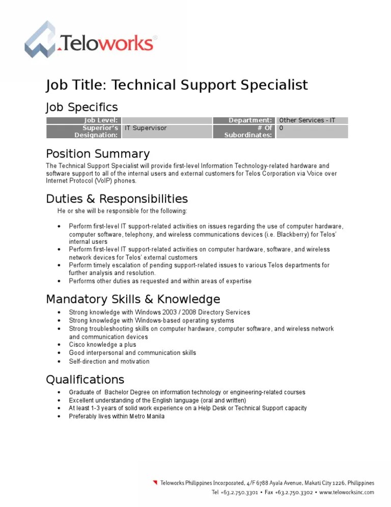 Job Description Technical Support Specialist