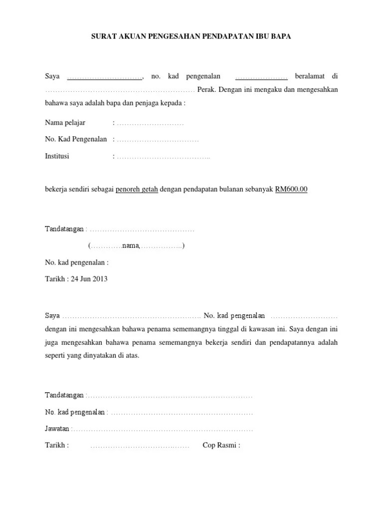 Contoh Surat Pengesahan Pendapatan Bekerja Sendiri / Contoh Surat Akuan Pengesahan Pendapatan Yang Mudah