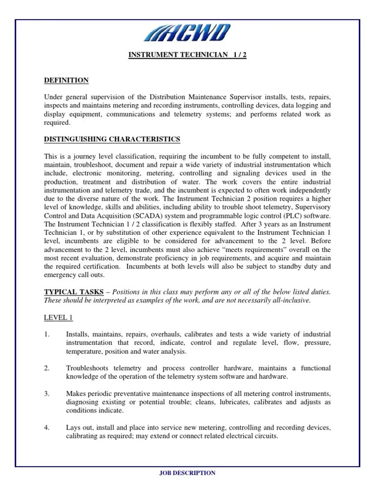 Job Description of Instrumentation Technician Instrumentation Scada