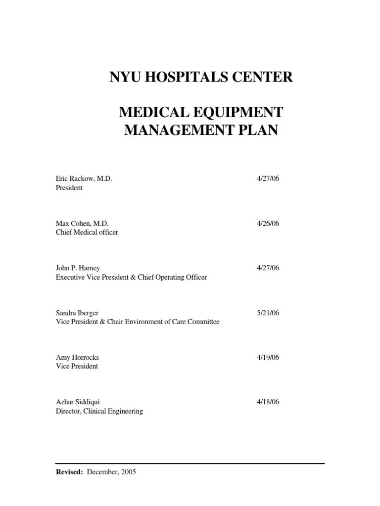 Medical Equipment Management Plan PDF Joint Commission Medicine