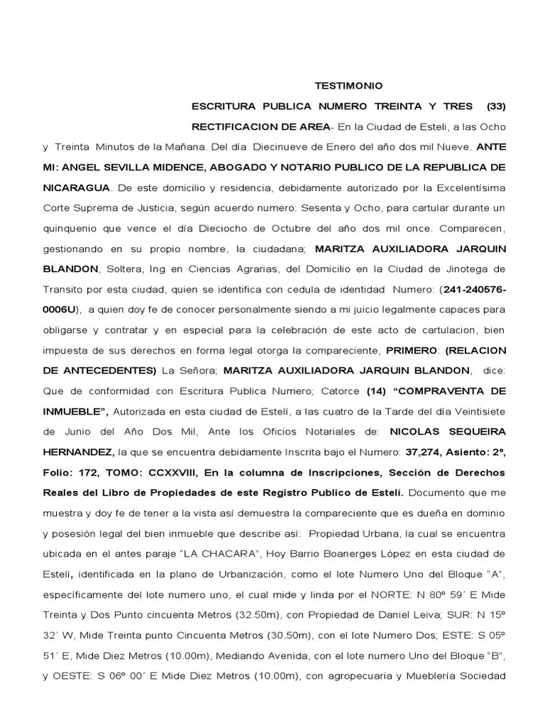33 Testimonio Escritura Rectificacion de Area PDF Propiedad