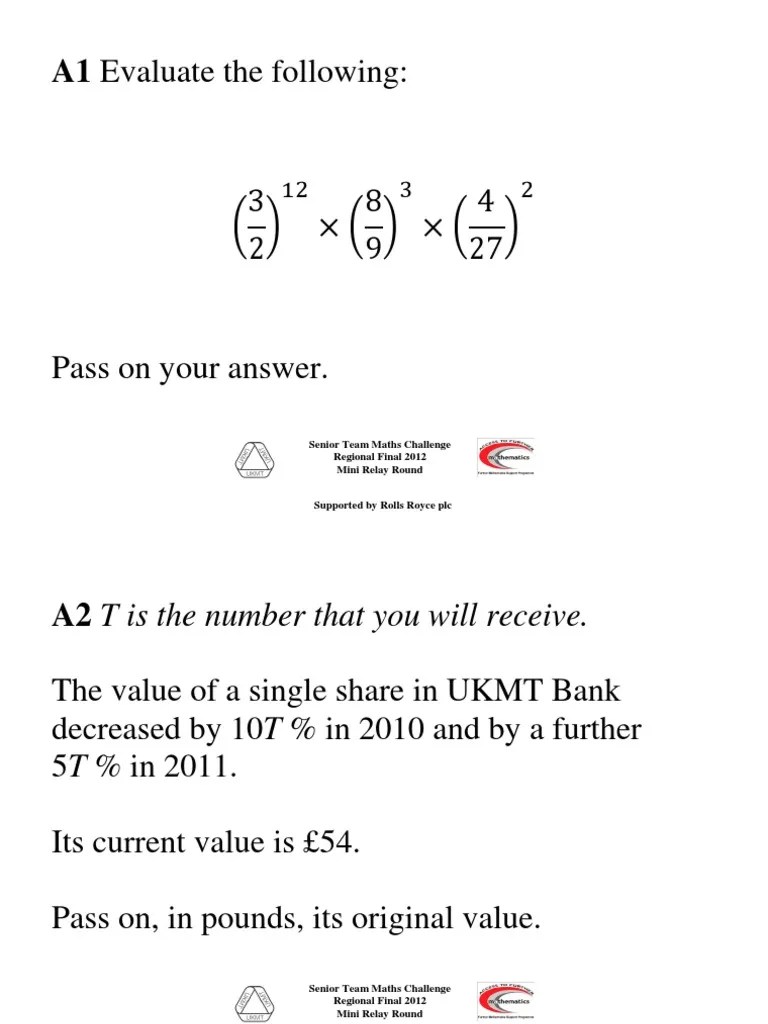 Mini Relay Regional Questions 201213 PDF Fraction (Mathematics