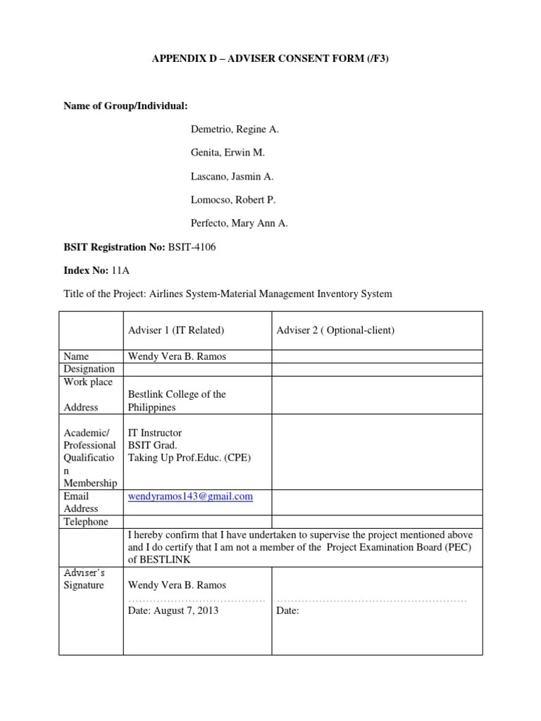 Appendix D Adviser Consent Form (/F3)