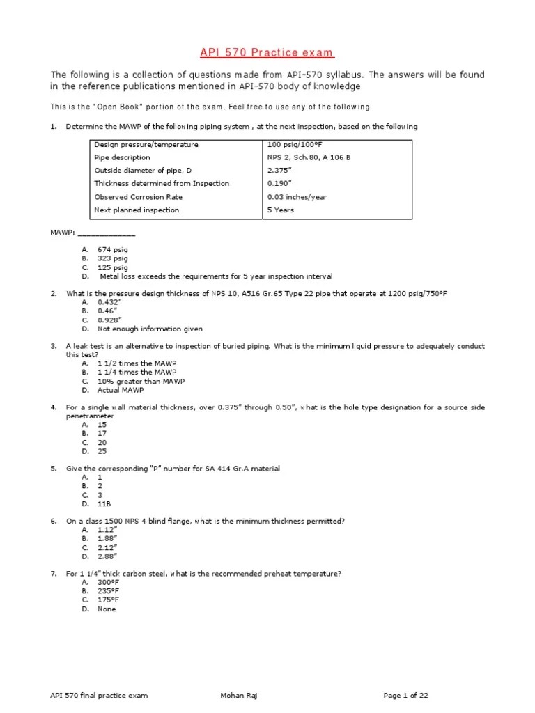 API570 Final Exam Questions Pipe (Fluid Conveyance