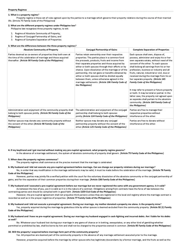 Property Regimes PDF Marriage Community Property