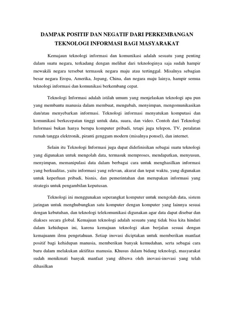 Dampak Positif Dan Negatif Dari Perkembangan Teknologi Informasi Bagi  Masyarakat | PDF