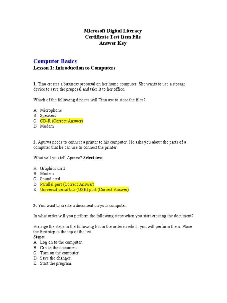 Microsoft Digital Literacy Certificate Test Item File Answer Key