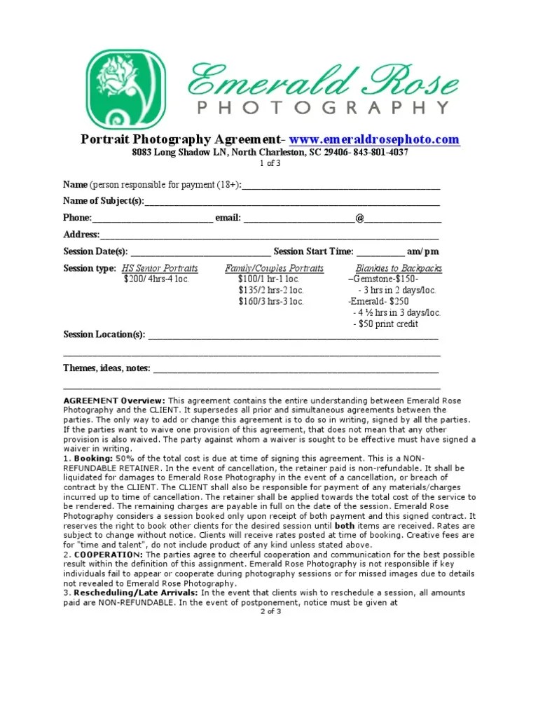 Portrait Photography Agreement Payments Fee