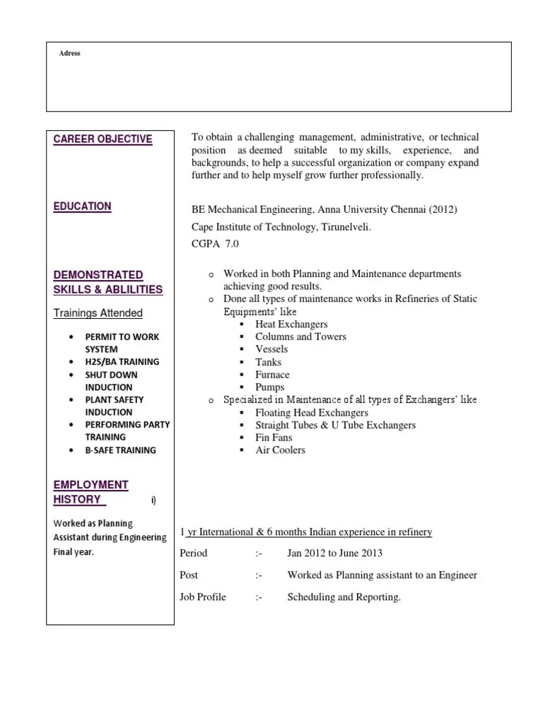 Best Resume For planning Dept In oil and gas | Oil Refinery