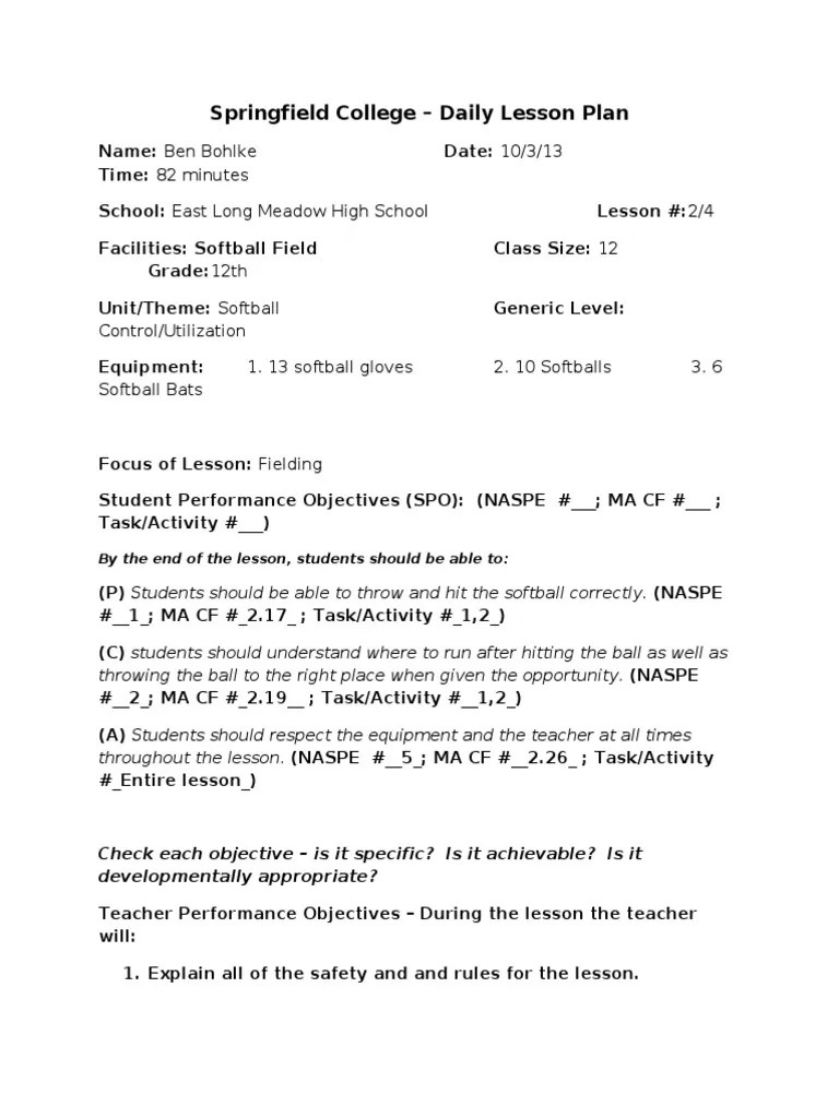 Lesson Plan 2 PDF Softball Lesson Plan