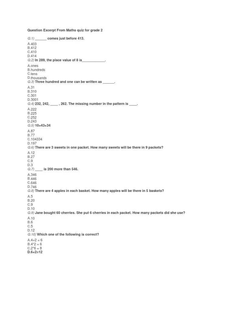 Maths Quiz For Grade 2 PDF Notation Mathematical Notation