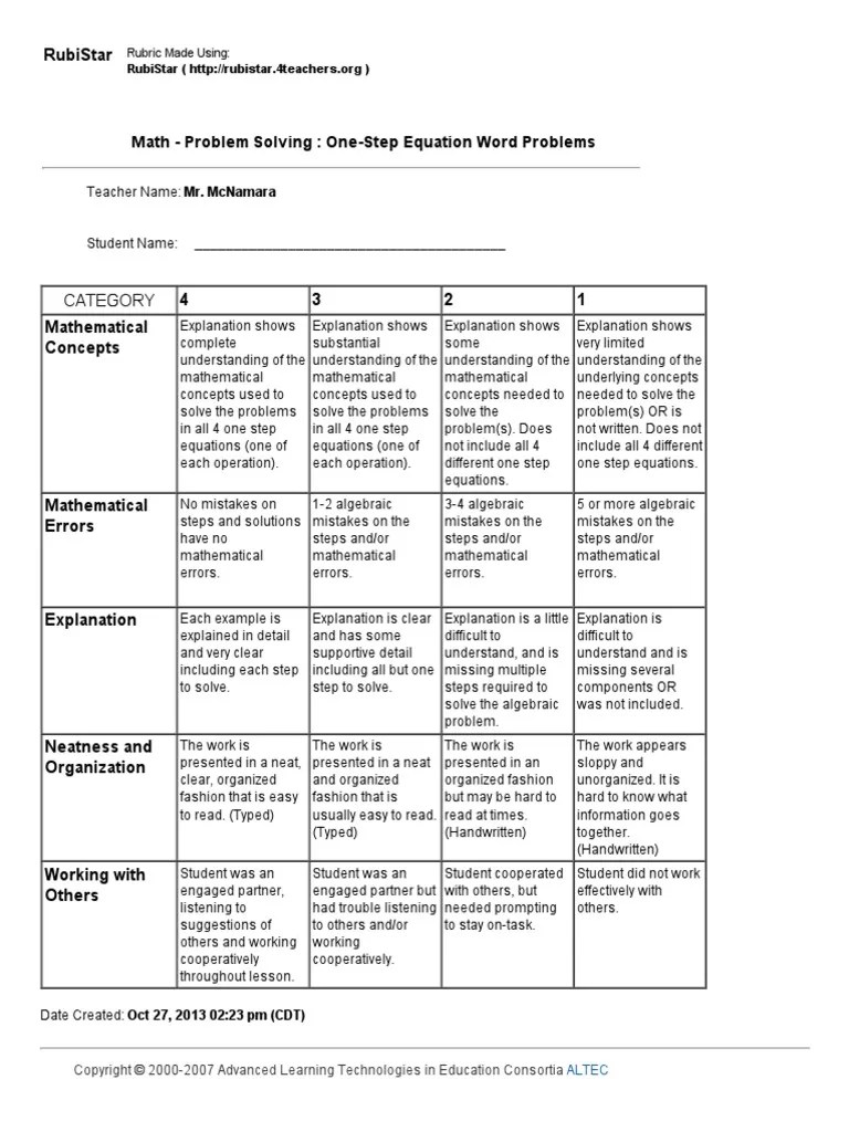 math problem solving onestep equation word problems rubric Physics