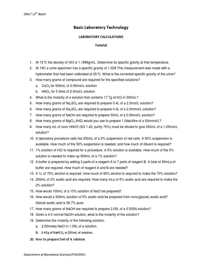 Tutorial On Laboratory Calculation PDF Molar Concentration Solution