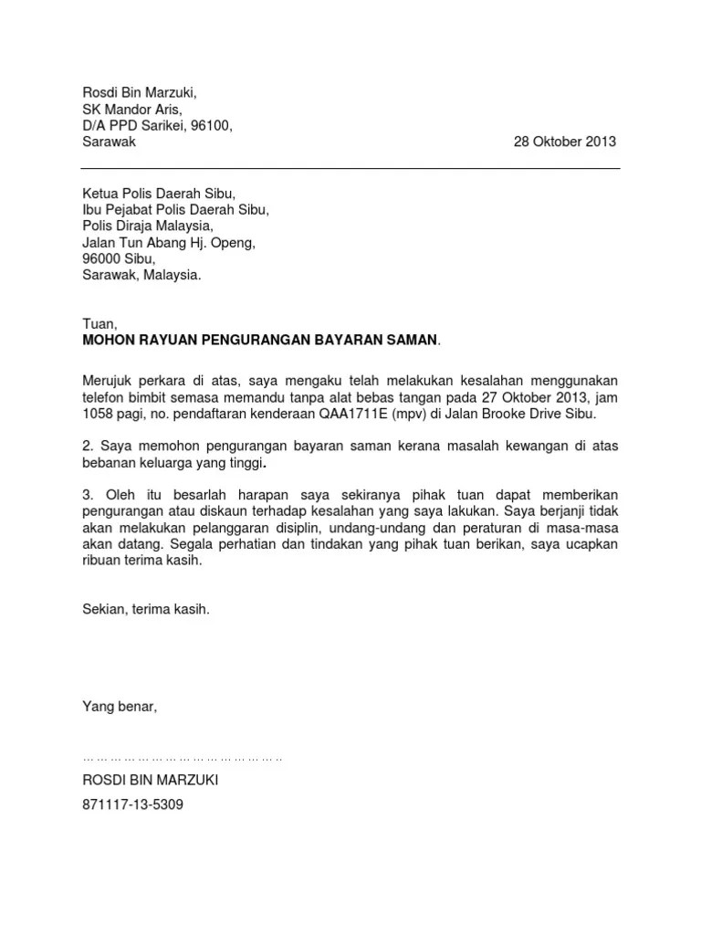 Surat Contoh Pengurangan Cukai Kereta