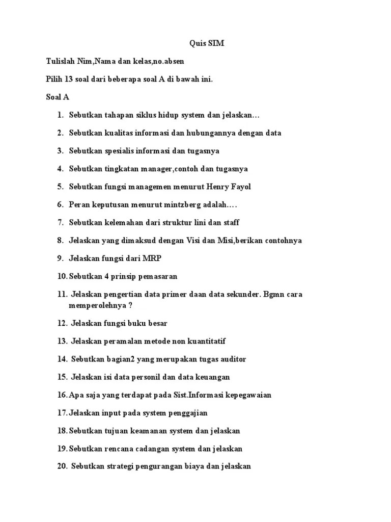 Soal Dan Jawaban Pra UTS SIM BSI | PDF