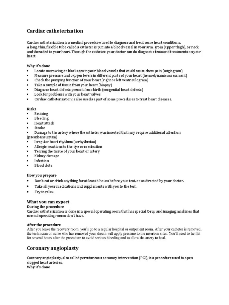 Cardiac Catheterization Why It's Done PDF Percutaneous Coronary