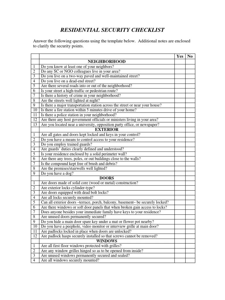 Residential Security Checklist PDF Door Lock (Security Device)