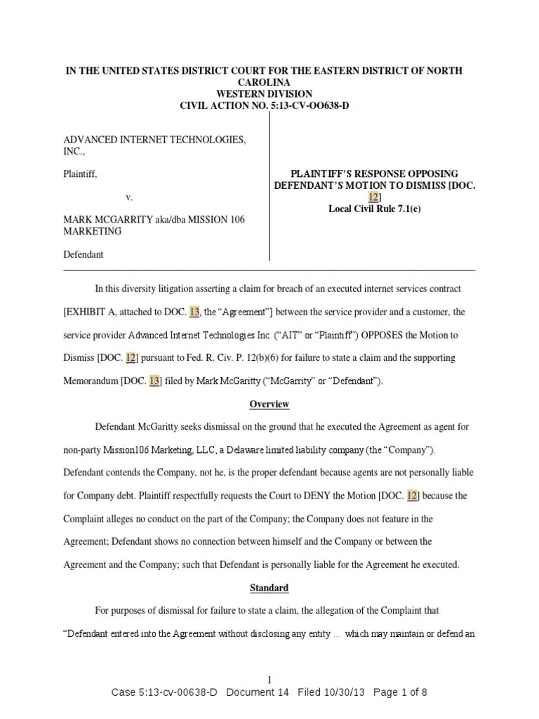 Plaintiff's brief for federal court opposing defendant's motion to