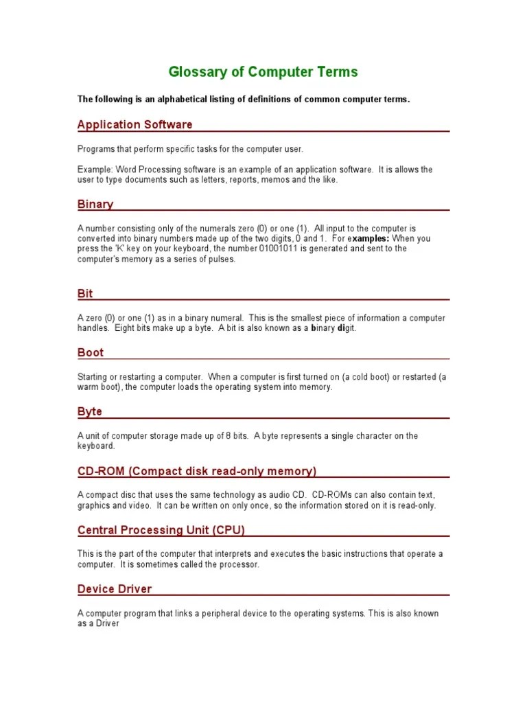 Glossary of Computer Terms PDF Disk Storage Computer Data Storage
