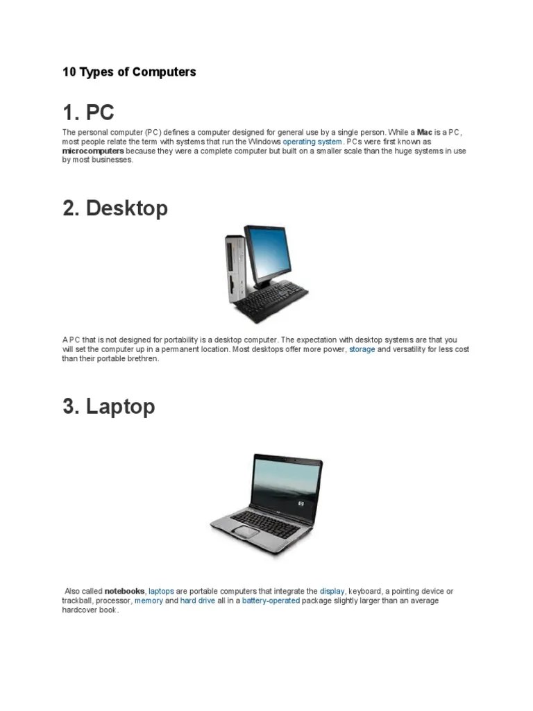 10 Types of Computers.doc Desktop Computer Personal Computers