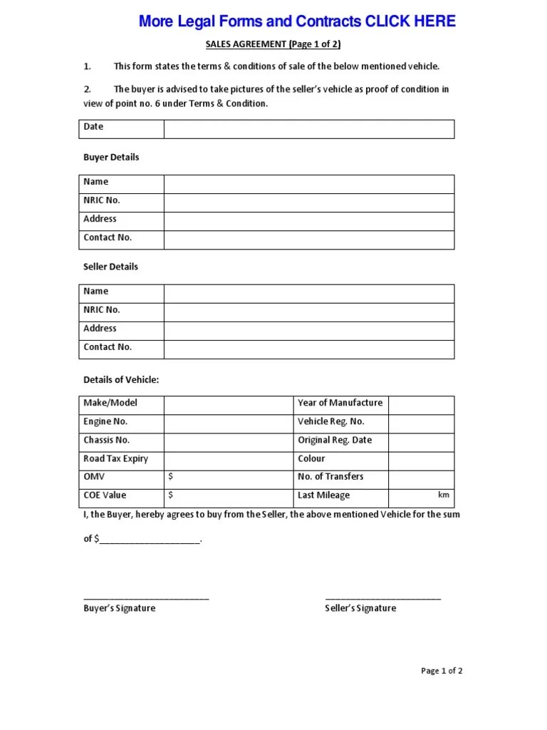 Car Sales Agreement Form Sales Car