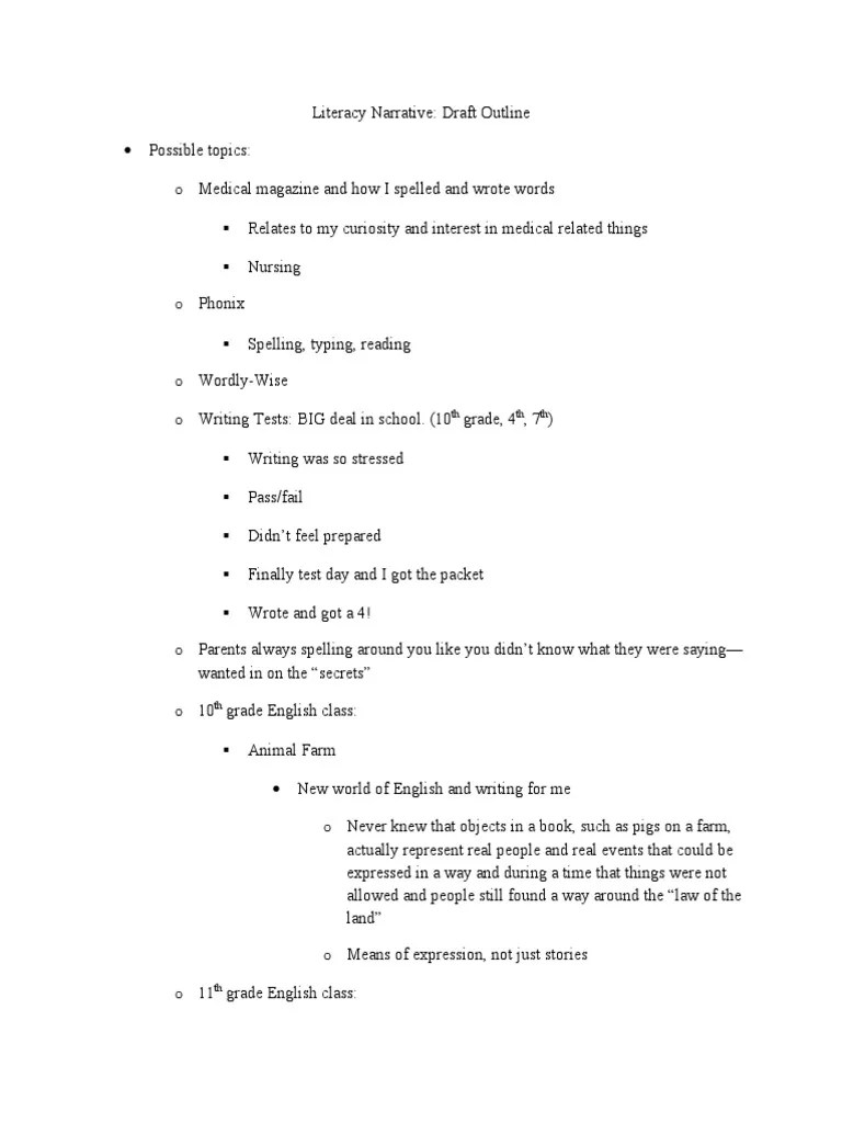 literacy narrative draft outline Writing Fiction & Literature