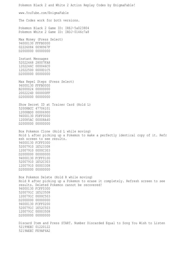 Pokemon Black 2 and White 2 Action Replay Codes | PDF | Japanese 