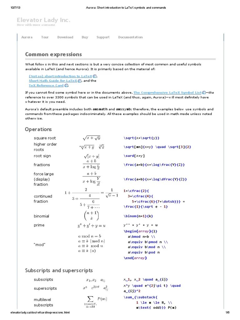 Aurora Short Introduction To LaTeX Symbols and Commands PDF PDF