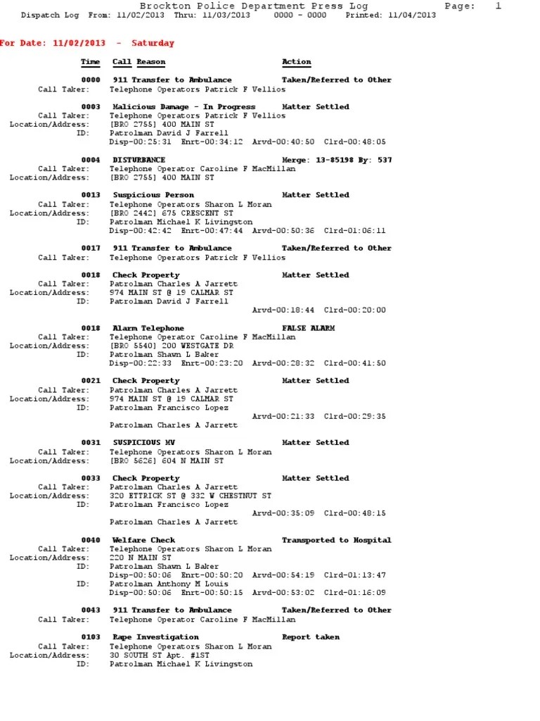 Brockton Police Log Updated To November 2ND, 2013. 9 1 1 Public Safety