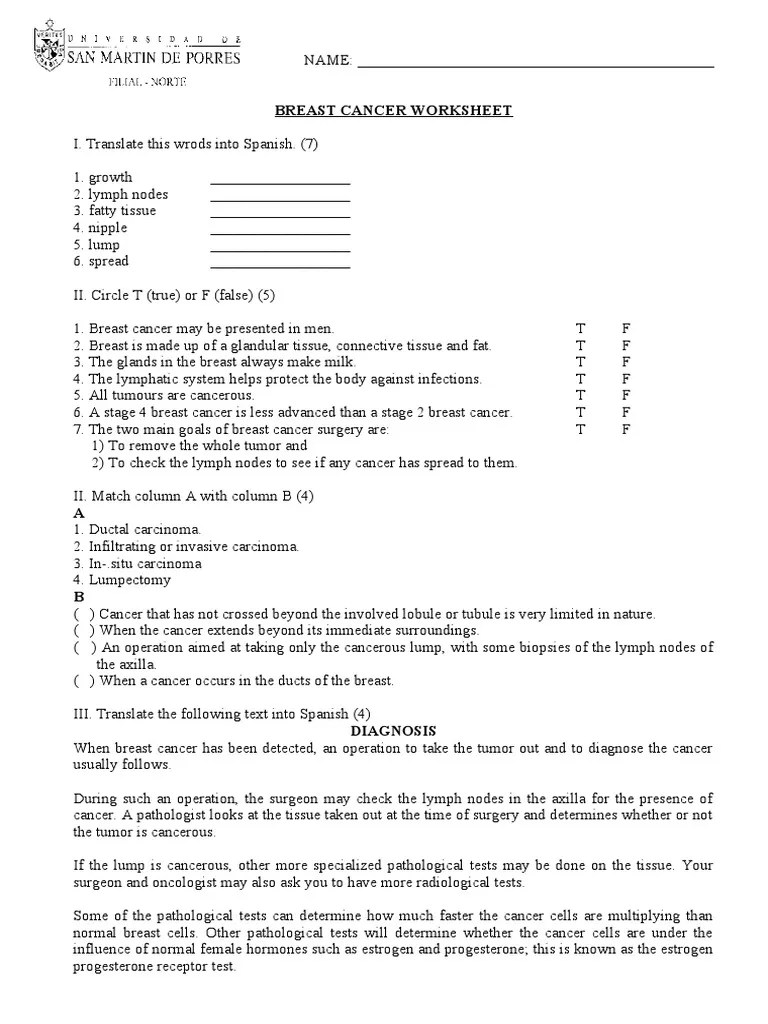 Breast Cancer Worksheet PDF