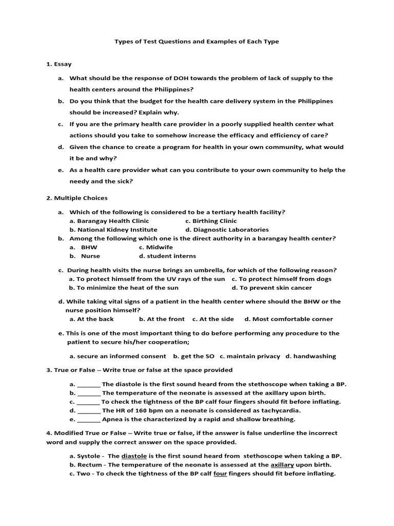 Types of Test Questions and Examples of Each Type PDF Nursing First Aid