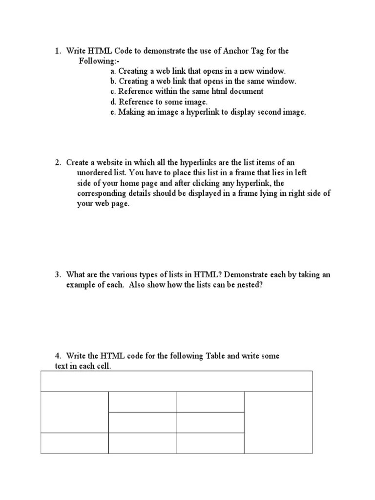 HTML Practical Questions List 14513.doc Html World Wide 