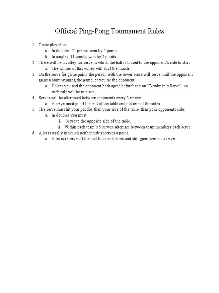 Official Rules for PingPong Tournament Play Service Requirements