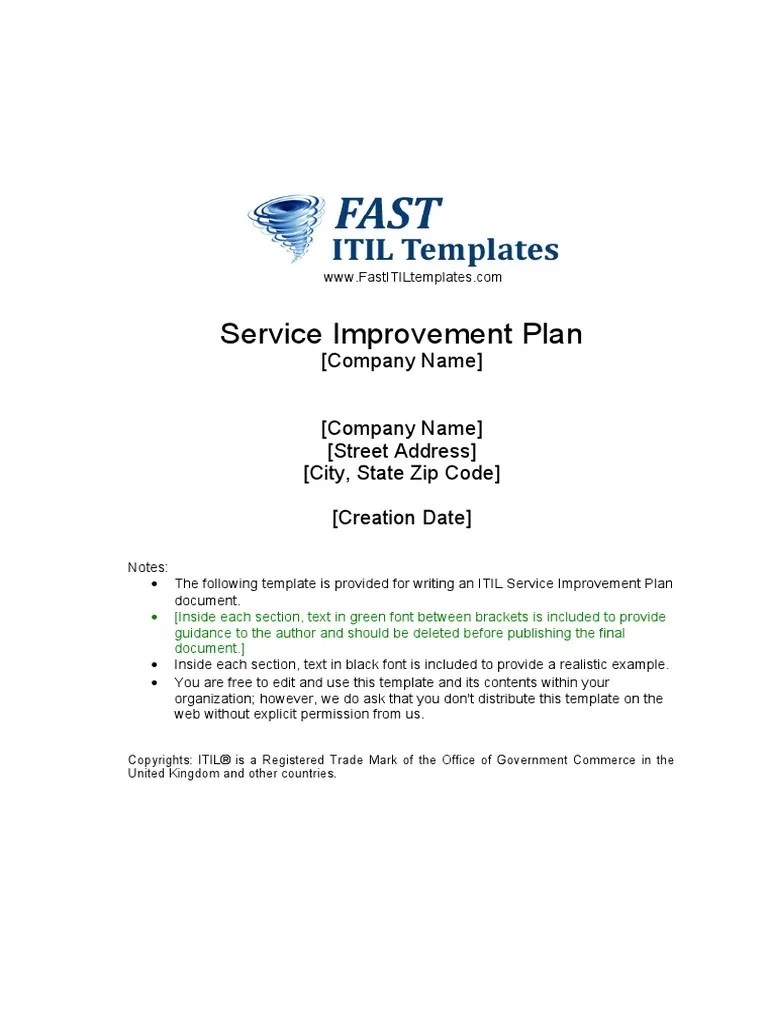 Service Improvement Plan Template Performance Indicator Customer Satisfaction
