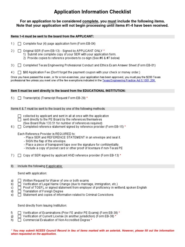 PE Texas Check List Texas Test (Assessment)