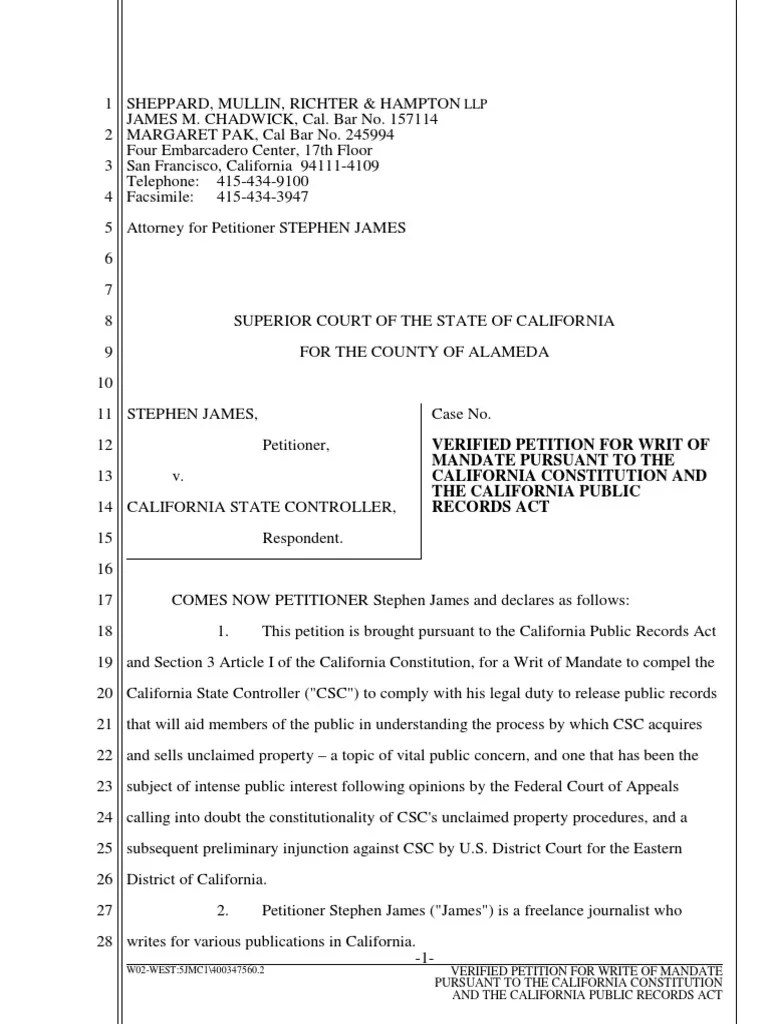 California Public Records Act Petition for Writ of Mandate. Stephen James v. California State