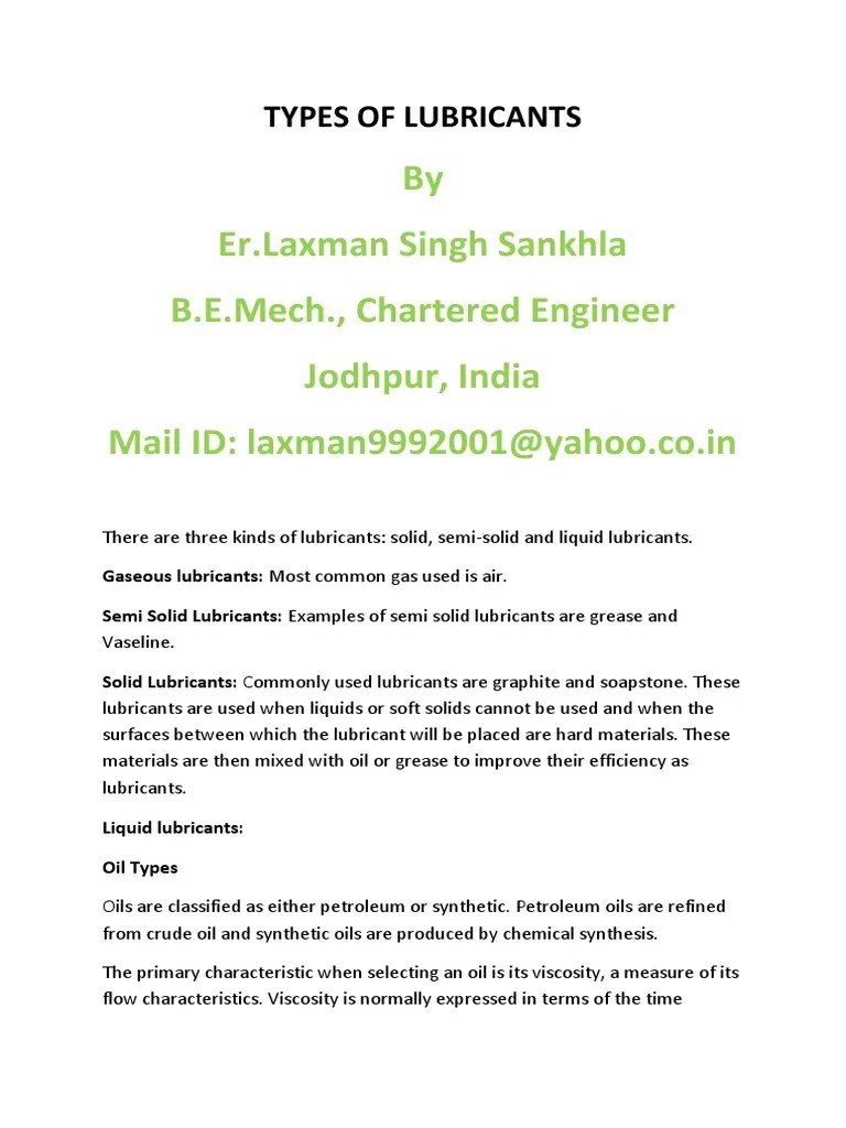 Types of Lubricants For All Machinery PDF Lubricant Petroleum