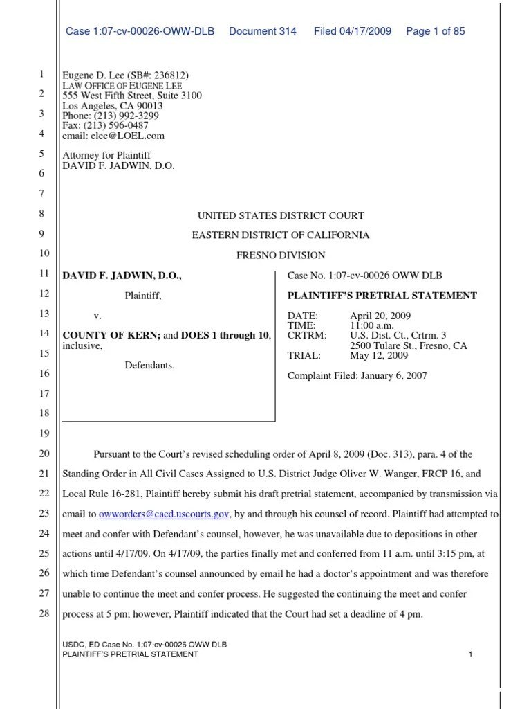 314 Plaintiffs Pretrial Statement Federal Rules Of Civil Procedure