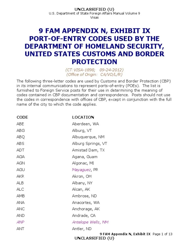 9 Fam Appendix N, Exhibit Ix PortOfEntry Codes Used by The Department