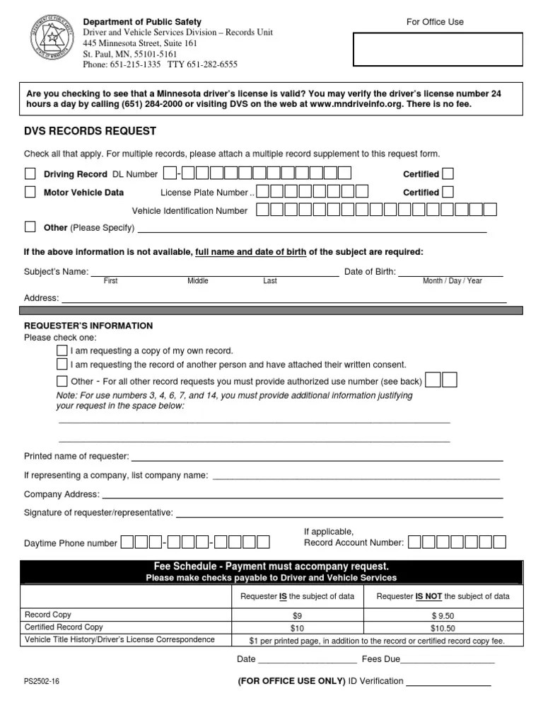 Minnesota Form PS250216 DVS Records Request Personally Identifiable