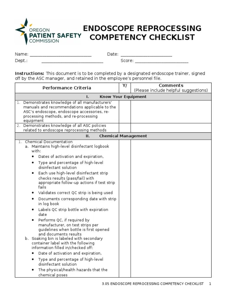 3.05 Endoscope Reprocessing Competency Checklist PDF Endoscopy Patient Safety