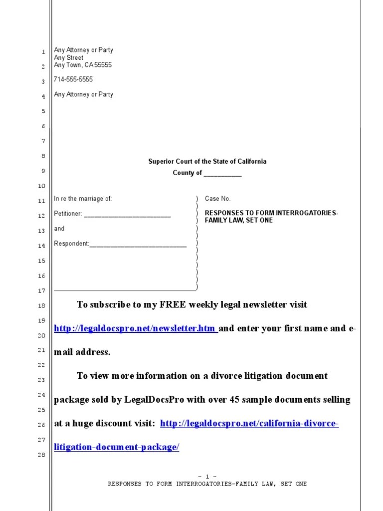 Sample Responses To Form Interrogatories For Divorce in California