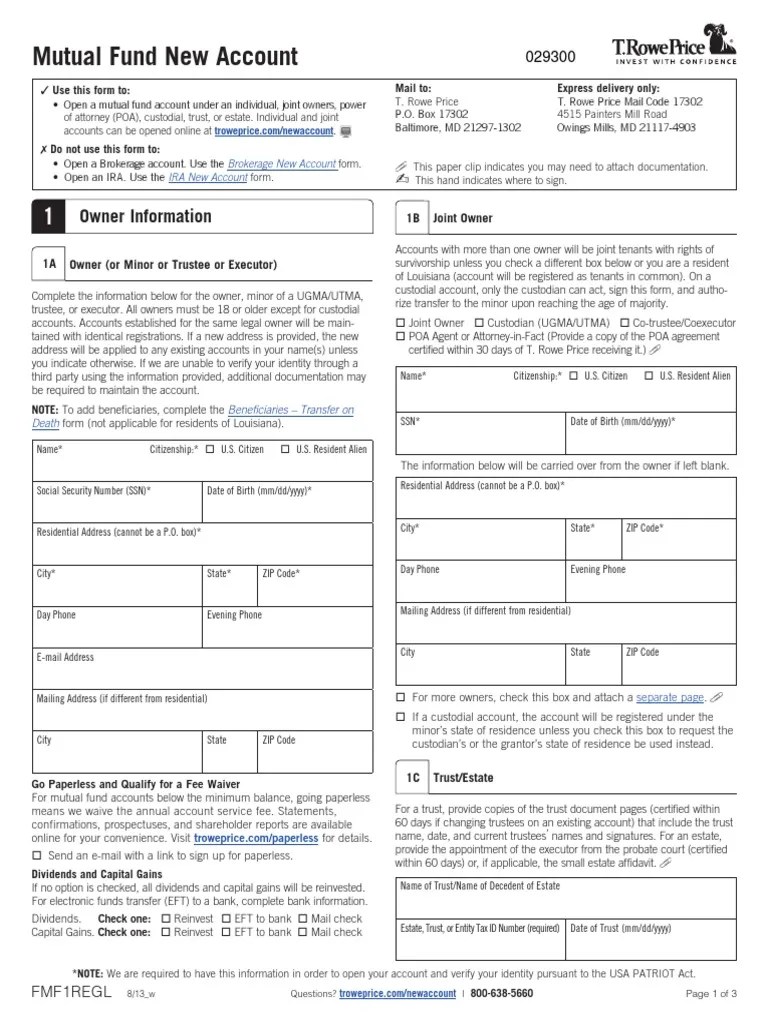 TRP Mutual Fund New Account Form Cost Basis Cheque
