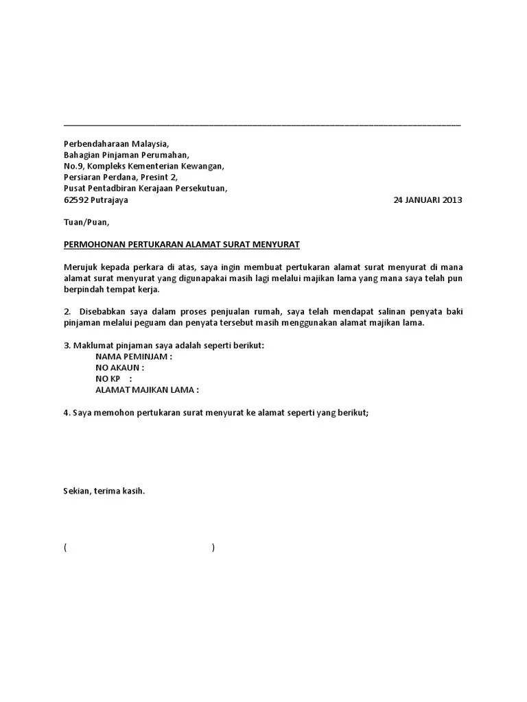 Surat Pertukaran Alamat Pejabat / Contoh Surat Permohonan Pertukaran