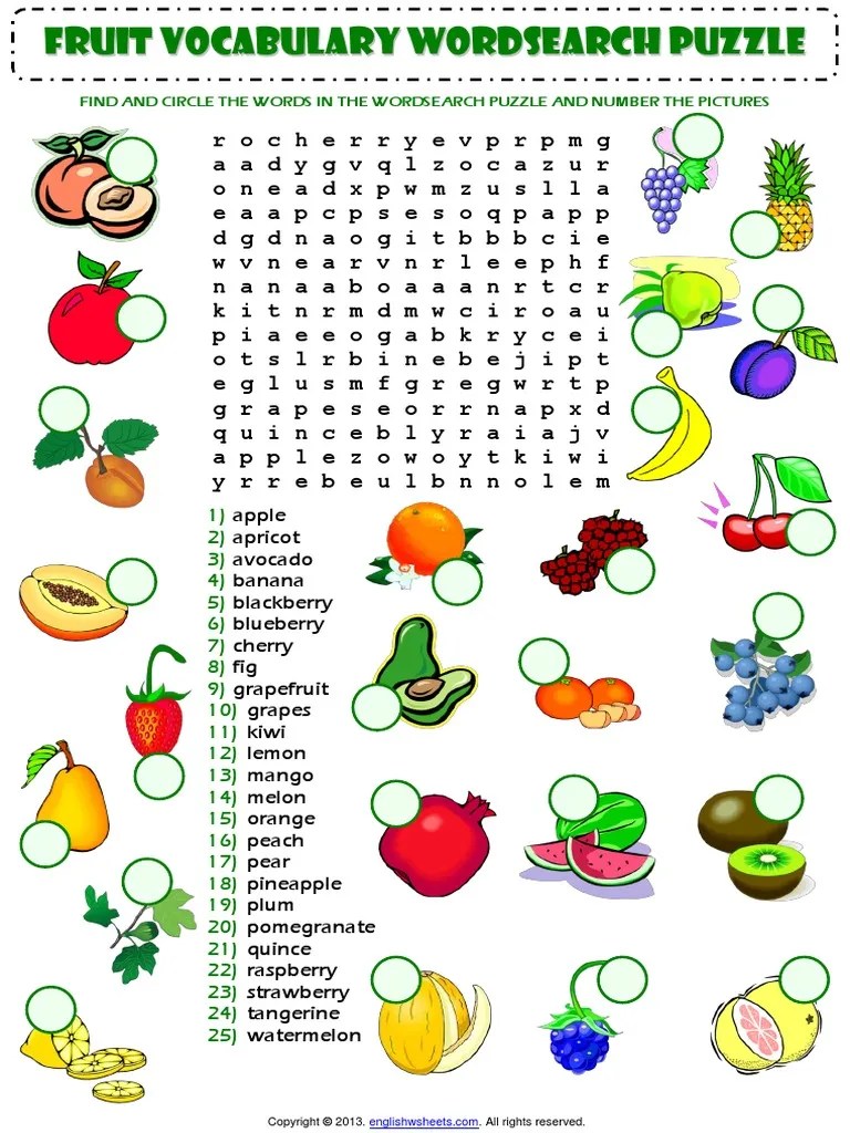Food Fruit Vocabulary Wordsearch Puzzle Worksheet